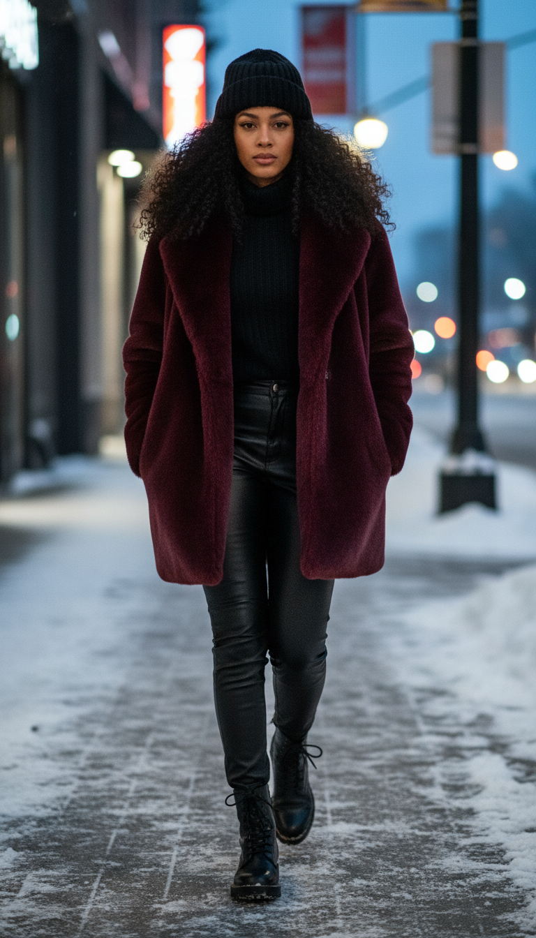 Faux Fur Statement Coat & Leather Pants