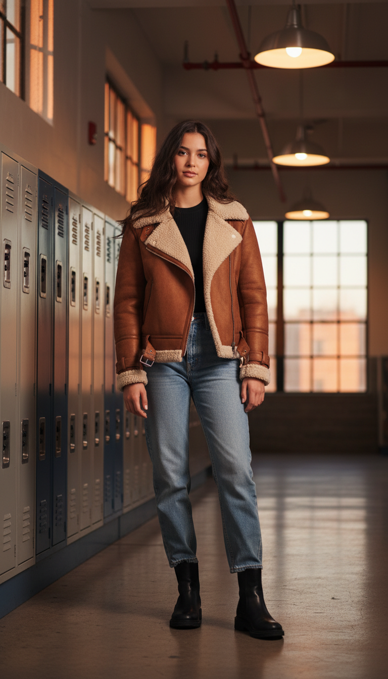Shearling Jacket & Straight-leg Jeans