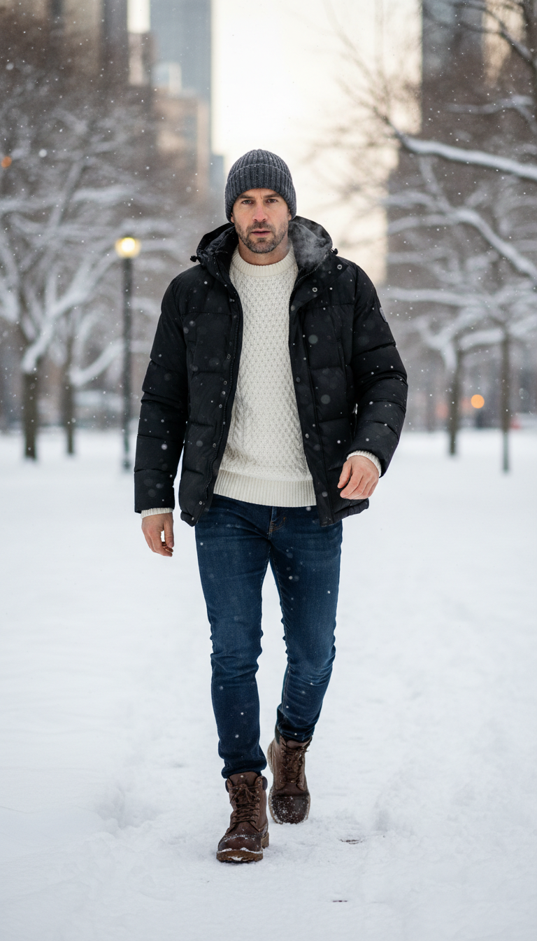 Layered Puffer Jacket & Beanie