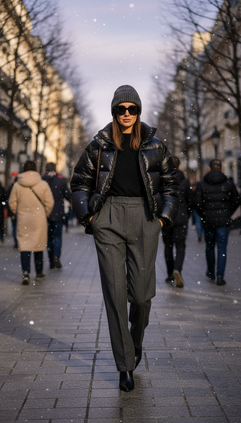 Oversized Puffer with Tailored Trousers