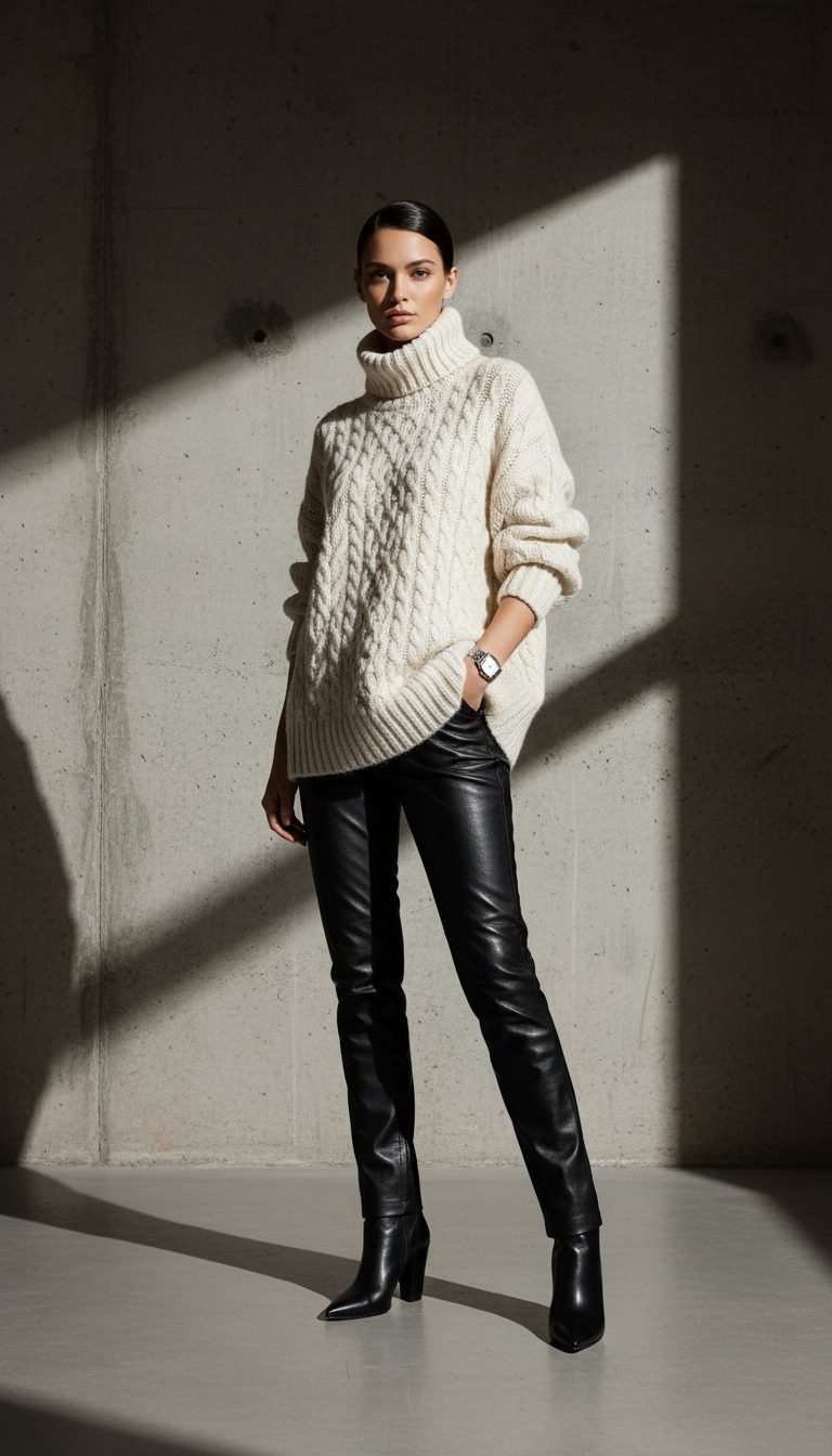 Sleek Leather and Chunky Knit Fusion