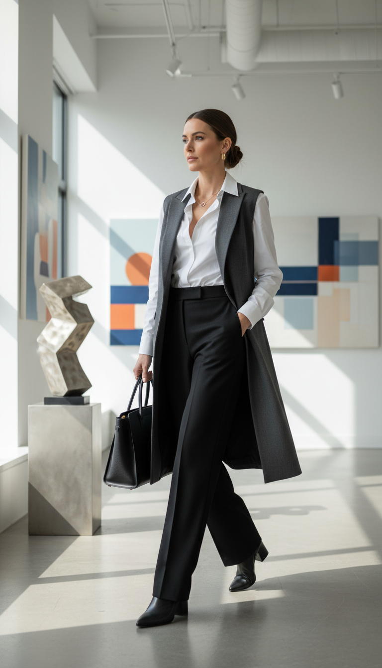 Layered Vest & Wide-Leg Trousers