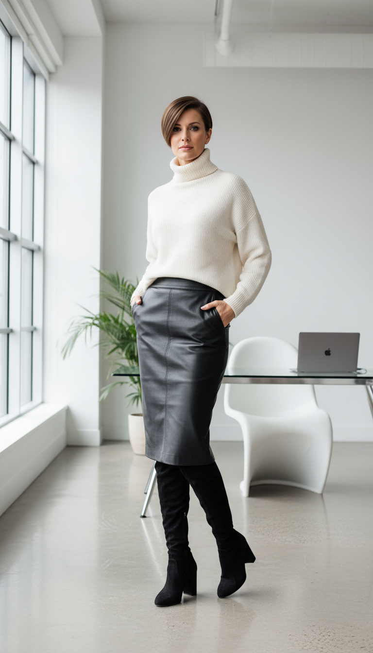 Leather Skirt & Chunky Knit