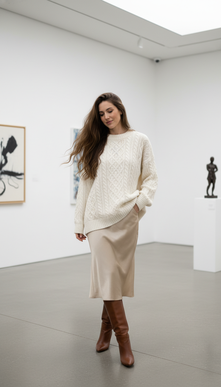 Chunky Knit & Silk Slip Skirt