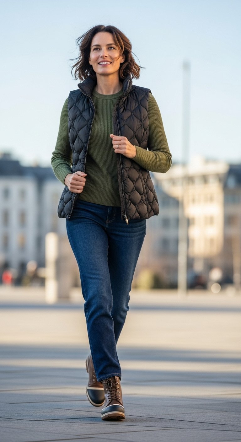 Puffer Vest & Fine-Knit Jumper