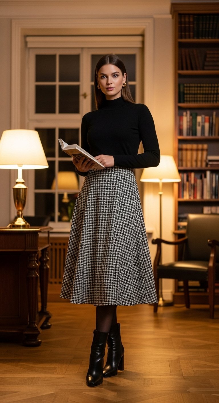 Houndstooth Skirt & Fitted Roll Neck