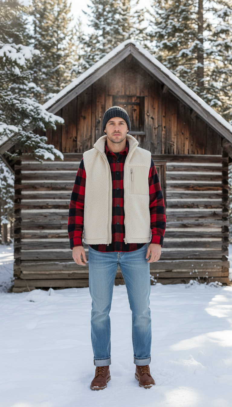 Sherpa Vest with Flannel & Jeans