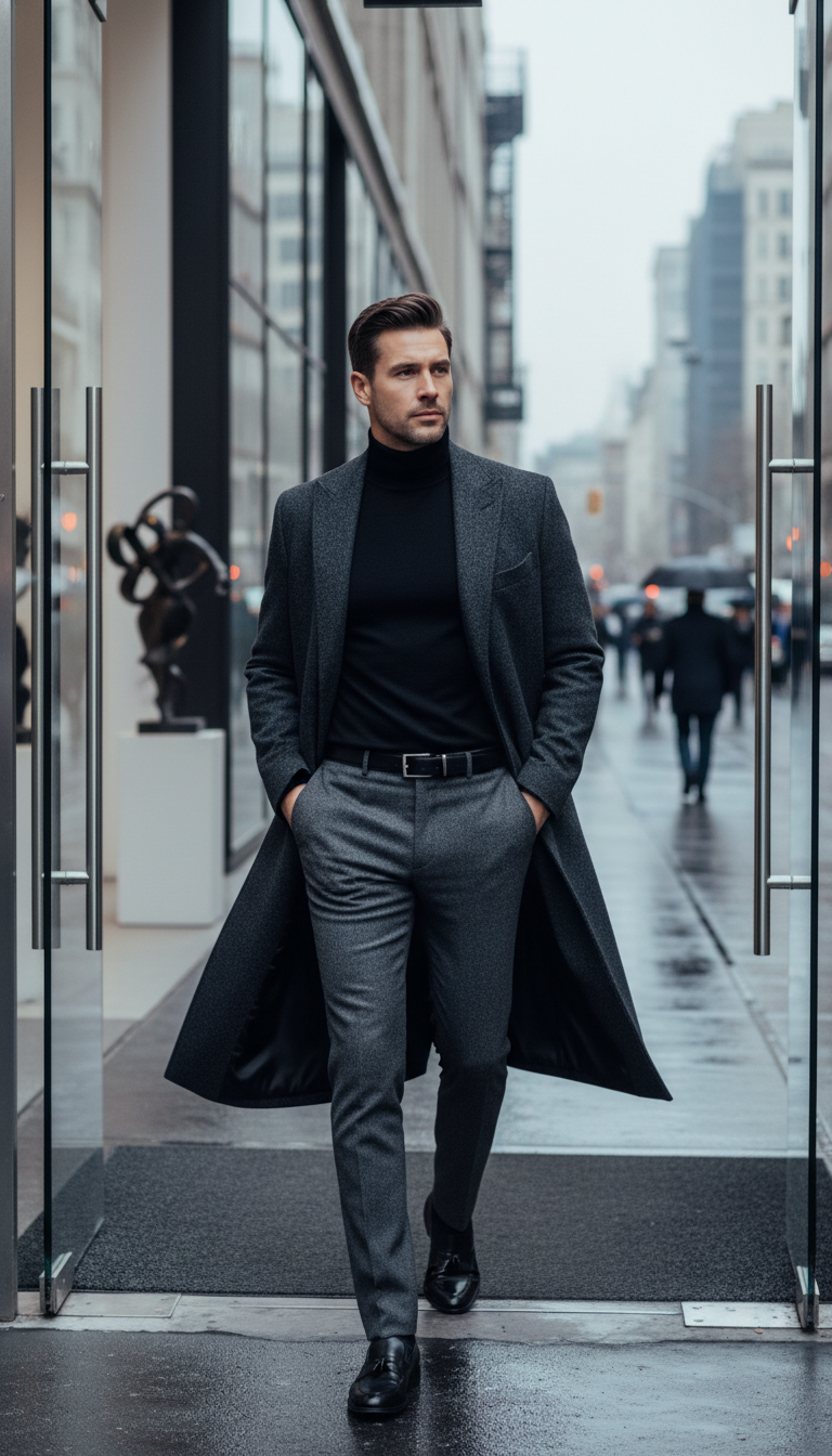 Sophisticated Edge: Turtleneck & Wool Overcoat