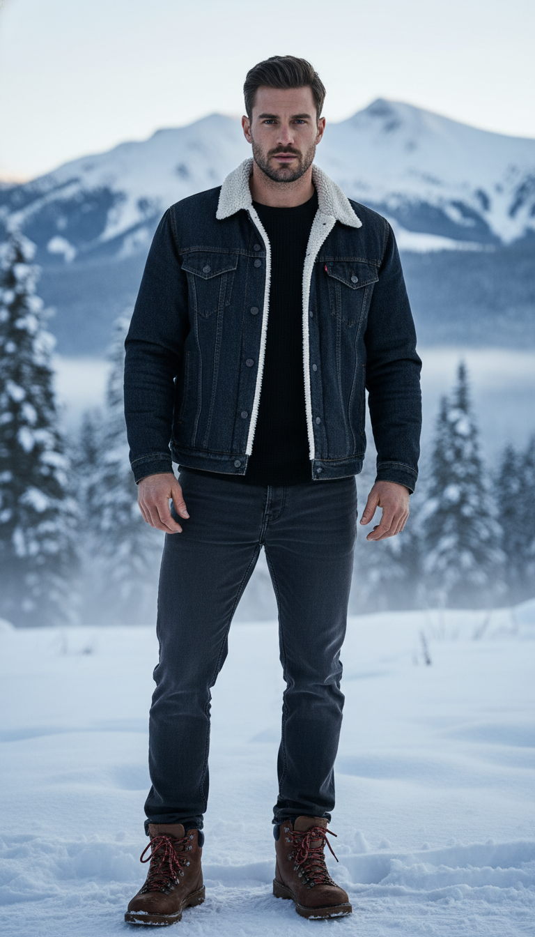 Rugged Warmth: Sherpa-lined Jacket & Dark Jeans