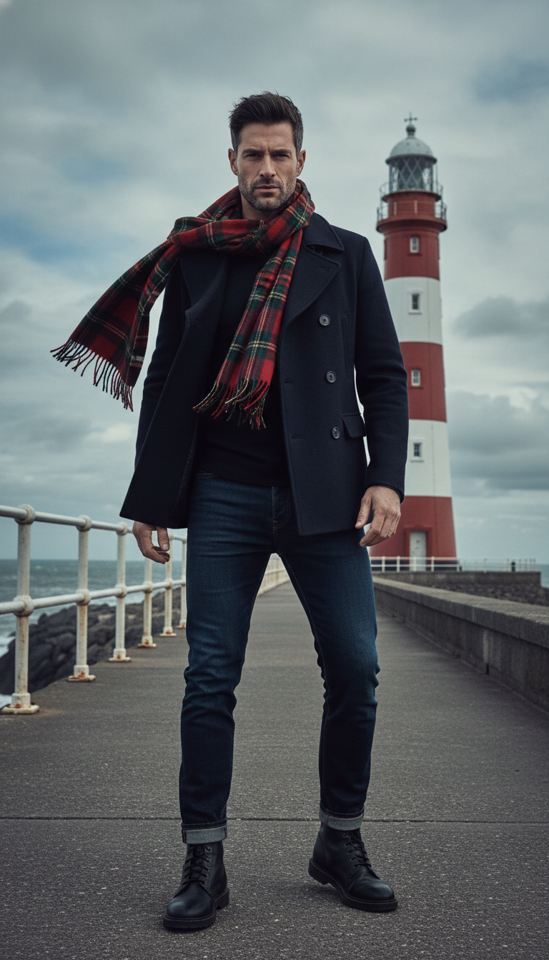 Naval Chic: Peacoat & Scarf & Jeans
