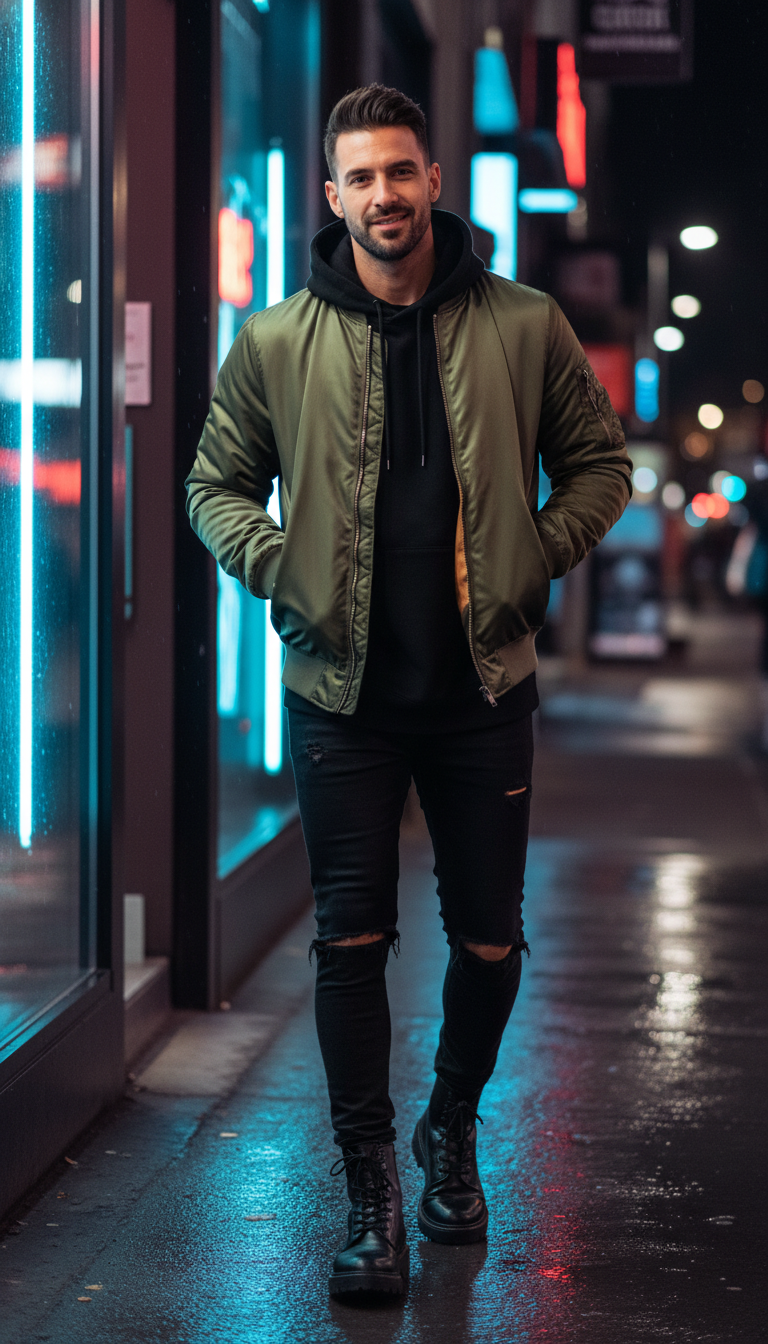 Edgy Layers: Bomber Jacket & Hoodie & Black Jeans