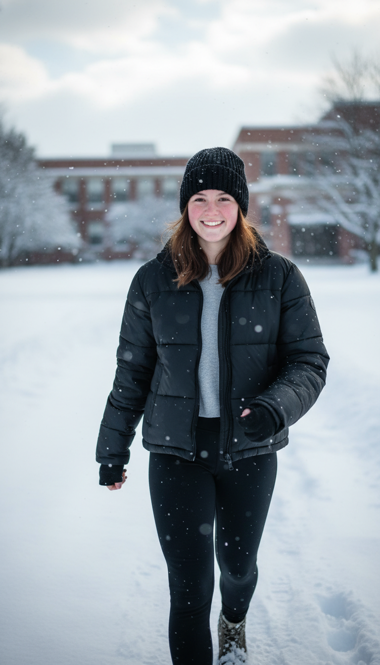 Puffer Jacket, Leggings & Layered Top
