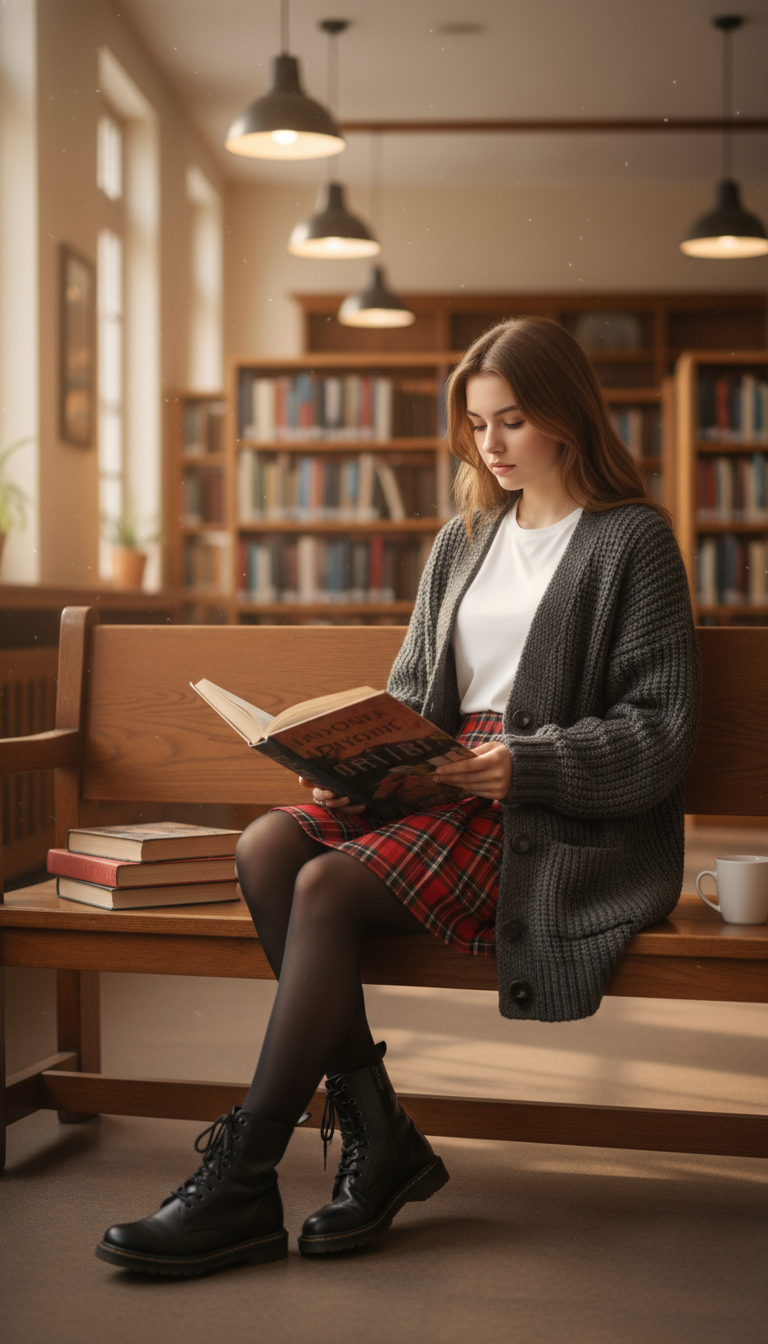 Cardigan, Plaid Skirt & Tights