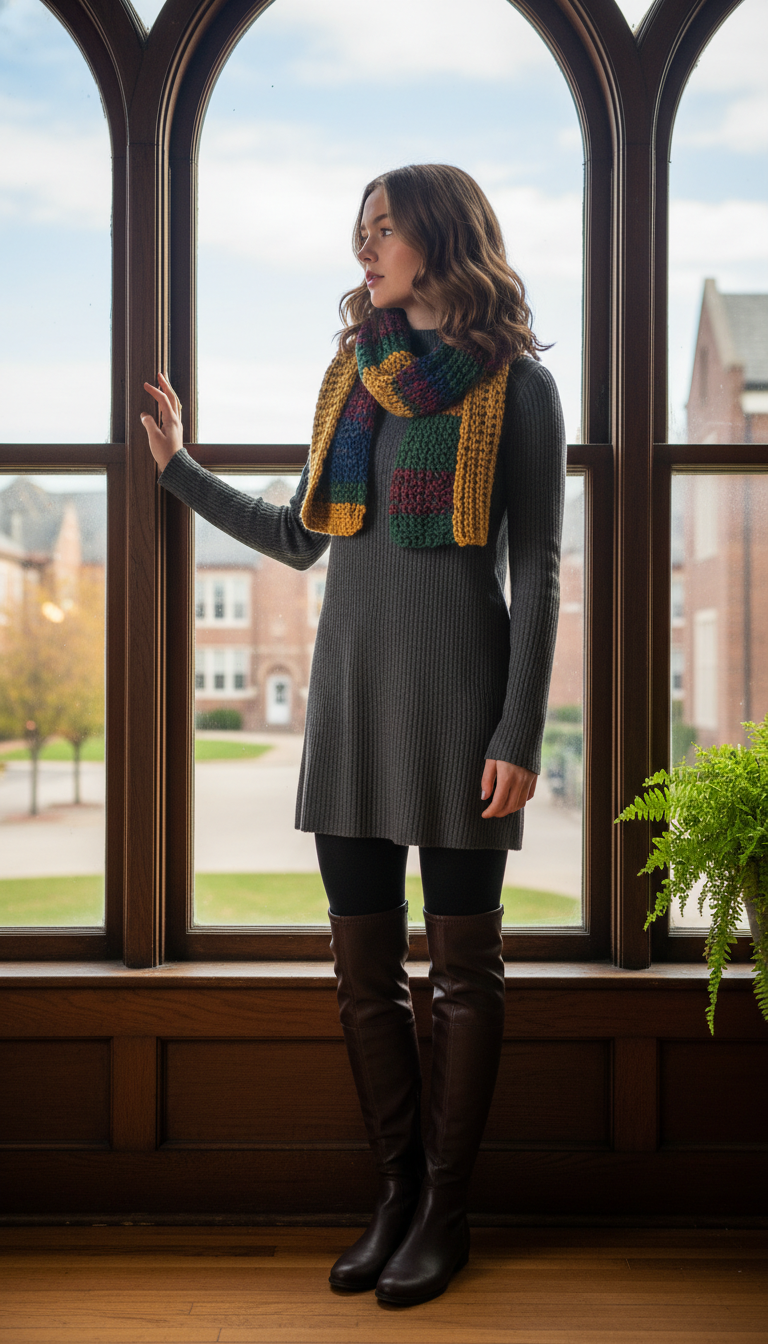 Sweater Dress, Scarf & Over-the-Knee Boots