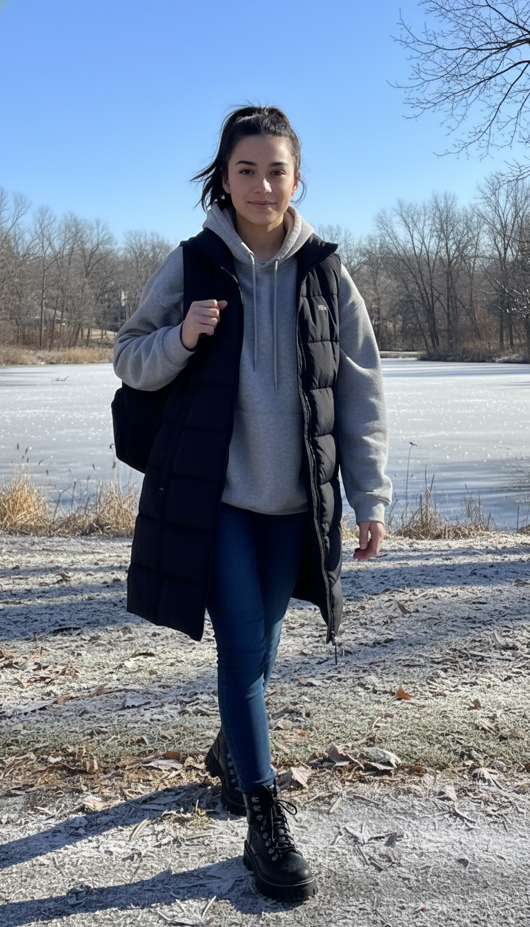 Long Puffer Vest & Hoodie