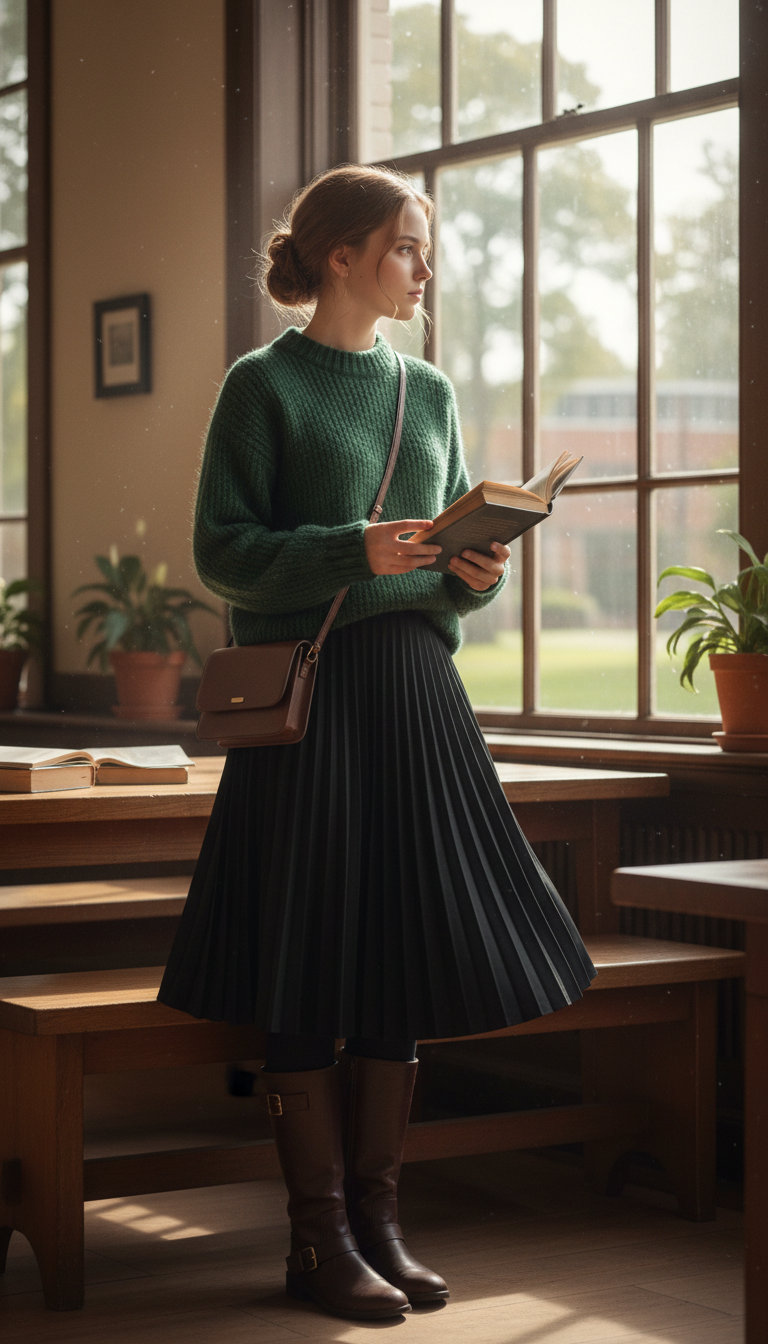 Knit Jumper, Pleated Skirt & Tall Boots