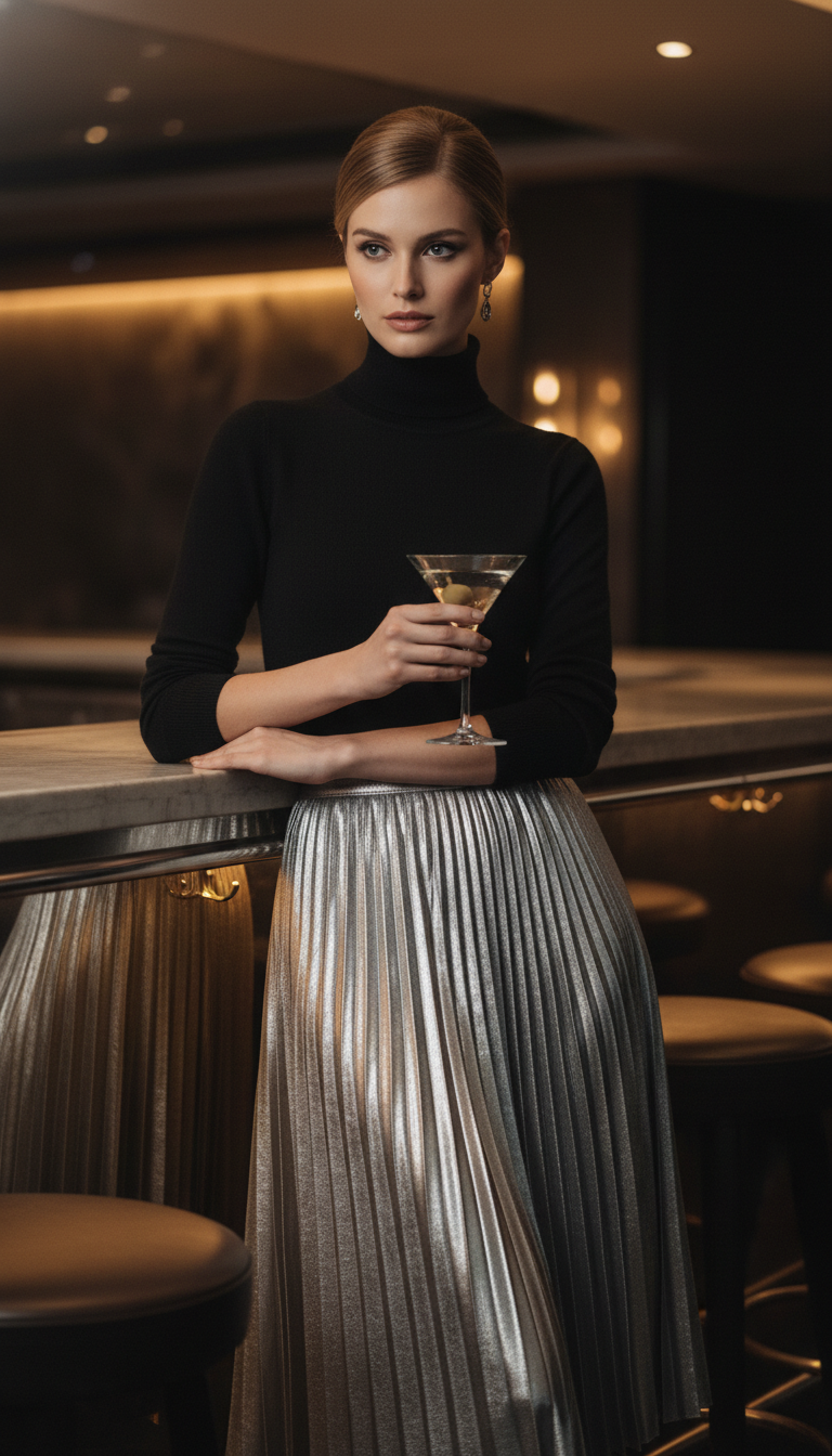 Metallic Skirt with a Turtleneck