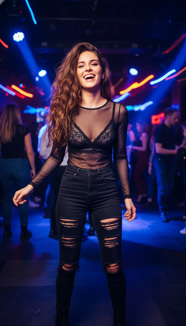 Sheer Mesh Top, Bralette & High-Waisted Jeans