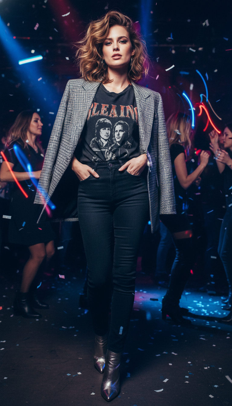 Plaid Blazer, Band Tee & Black Jeans