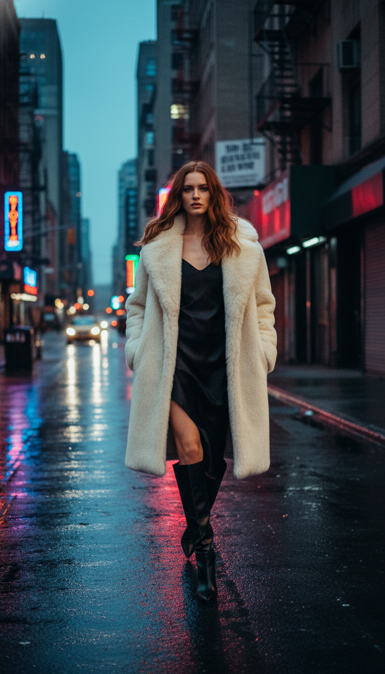 Chic Faux Fur Coat & Slip Dress