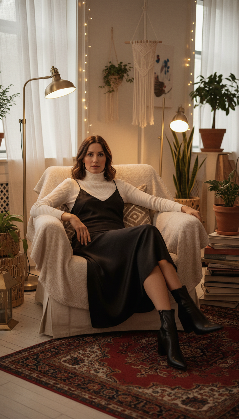 Silk Slip Dress & Turtleneck Layering