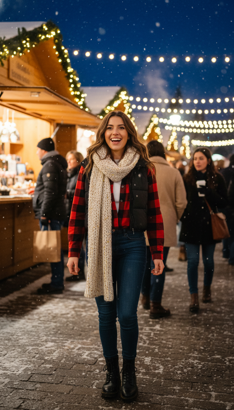Plaid Shirt, Skinny Jeans & Puffer Vest