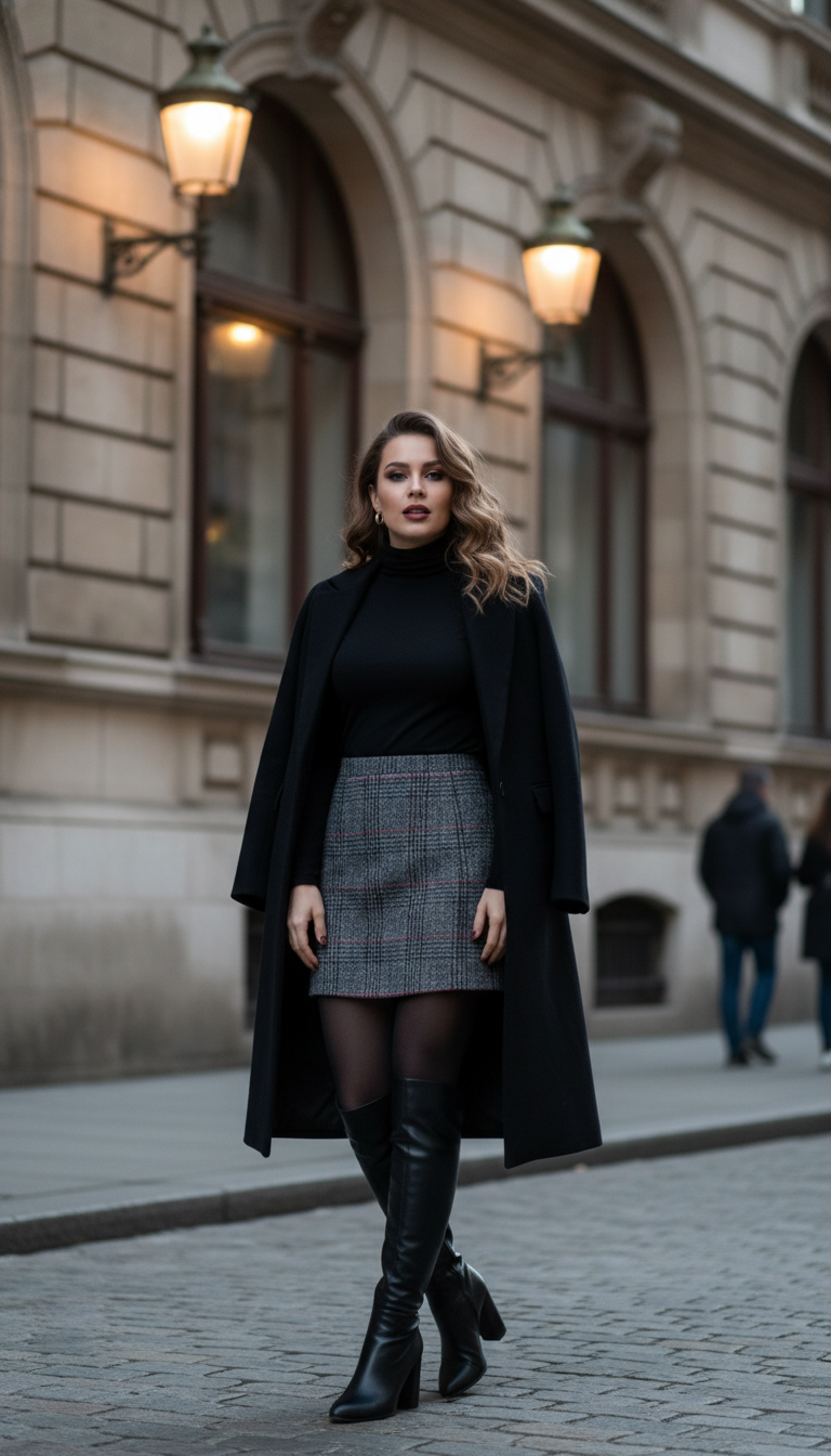 Turtleneck, Plaid Mini Skirt & Tights