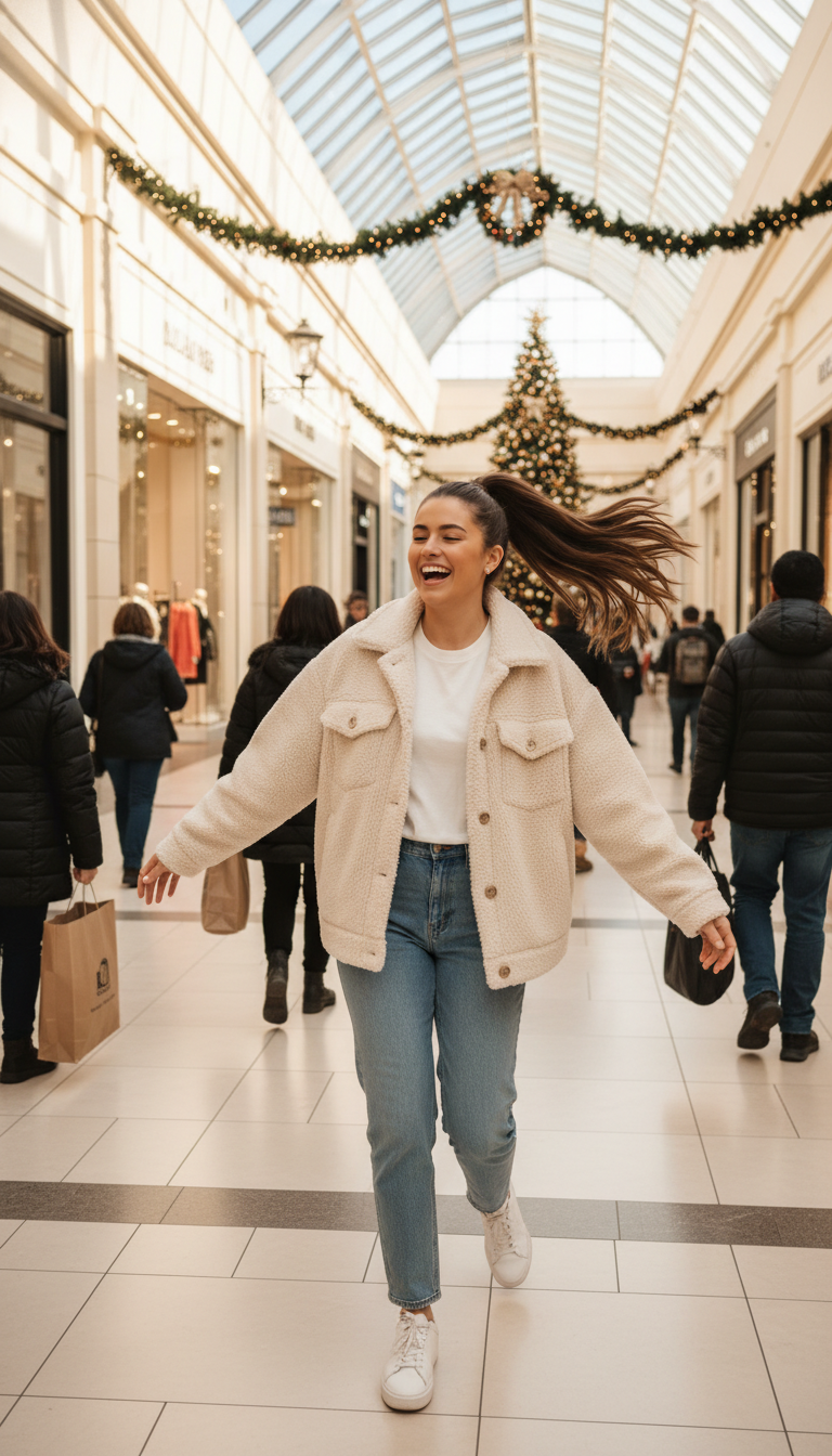Sherpa Jacket, Straight-Leg Jeans & Sneakers