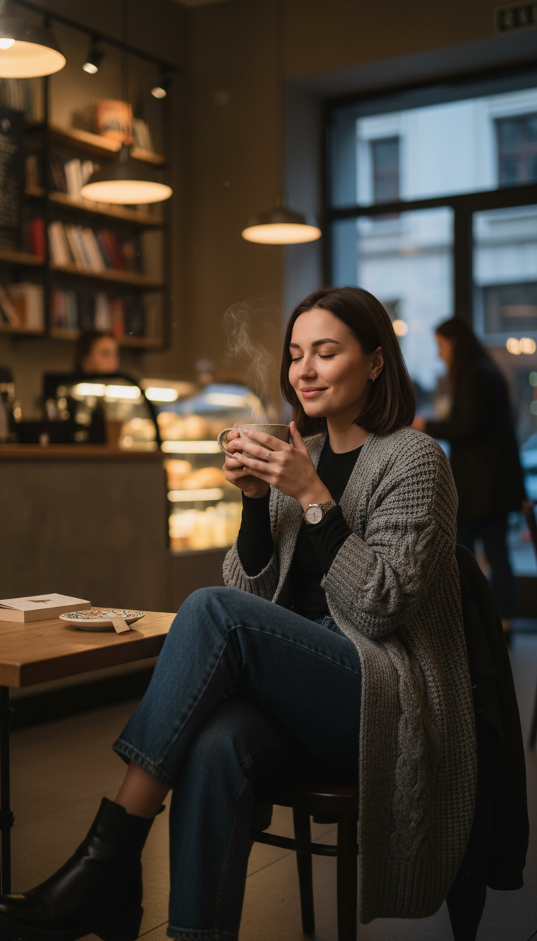 Long Cardigan, Basic Tee & Dark Wash Denim