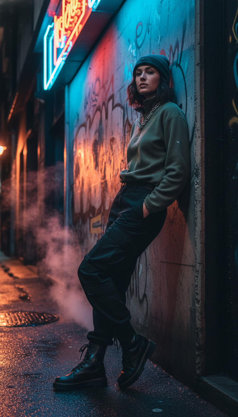 Fleece Pullover, Cargo Pants & Combat Boots