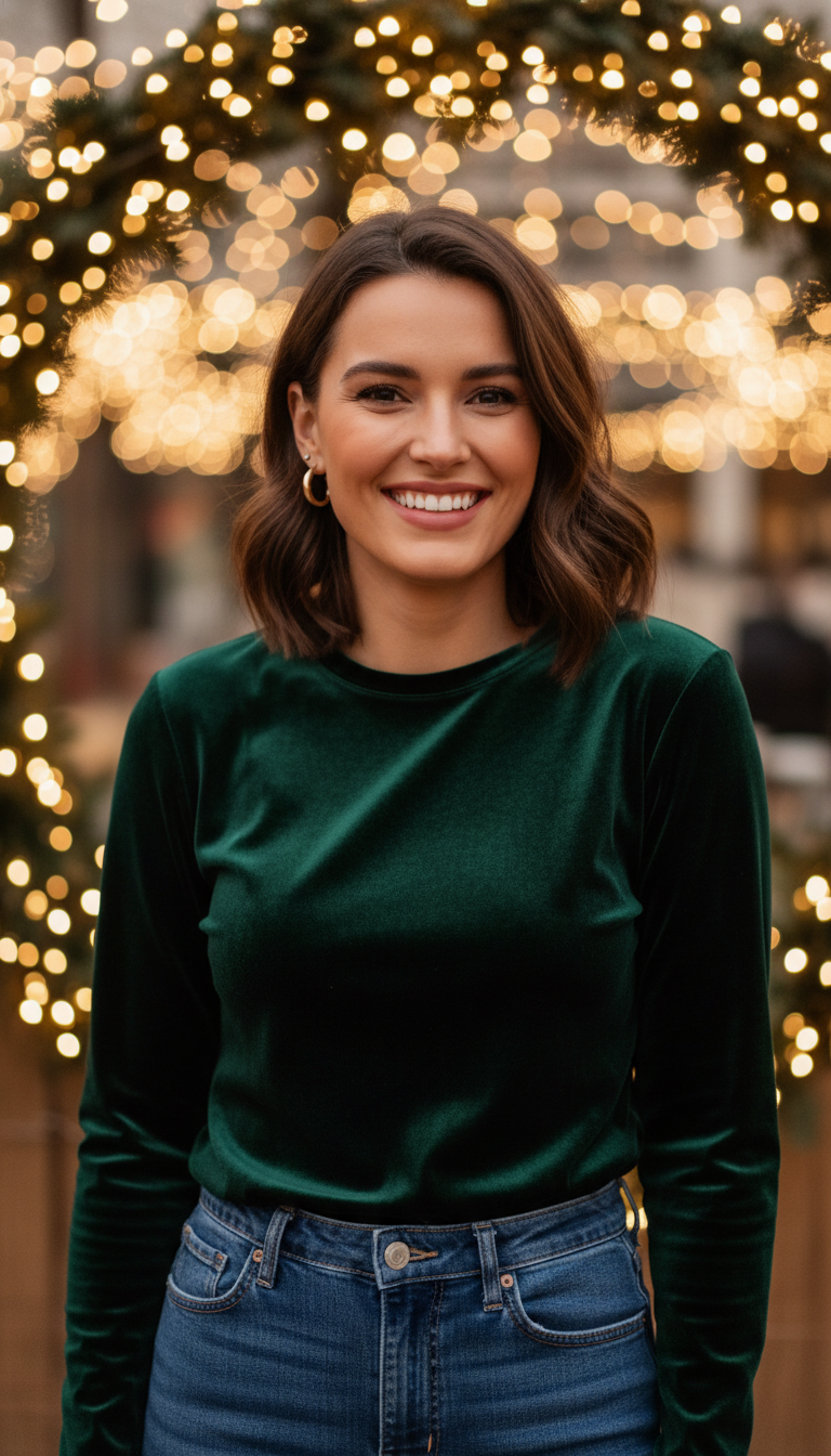 Velvet Top, High-Waisted Jeans & Ankle Boots