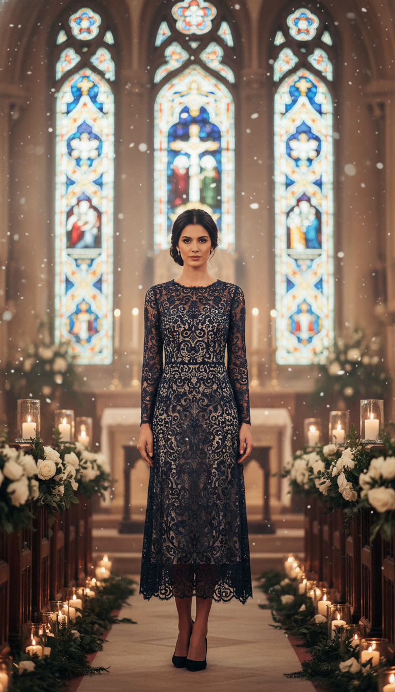 Elegant Long-Sleeve Lace Overlay Dress