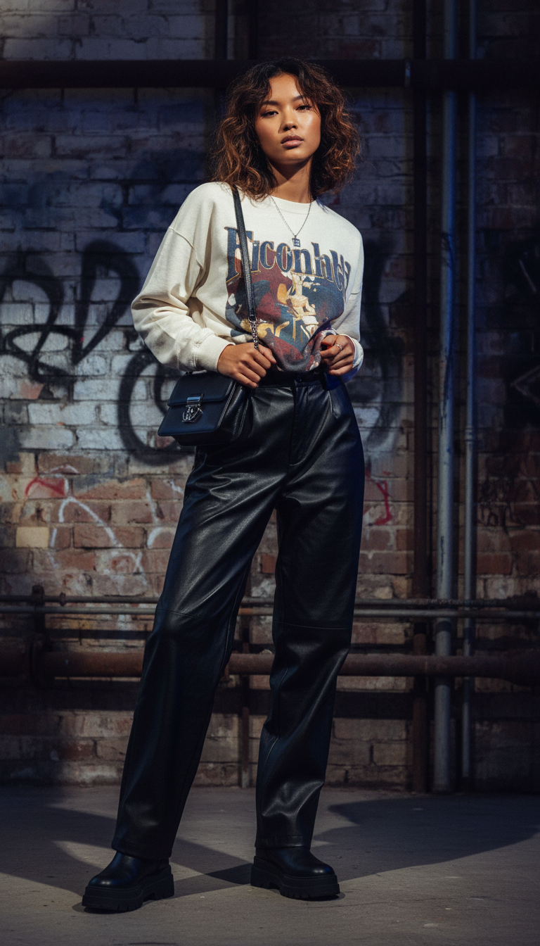 Leather Trousers & Graphic Sweatshirt