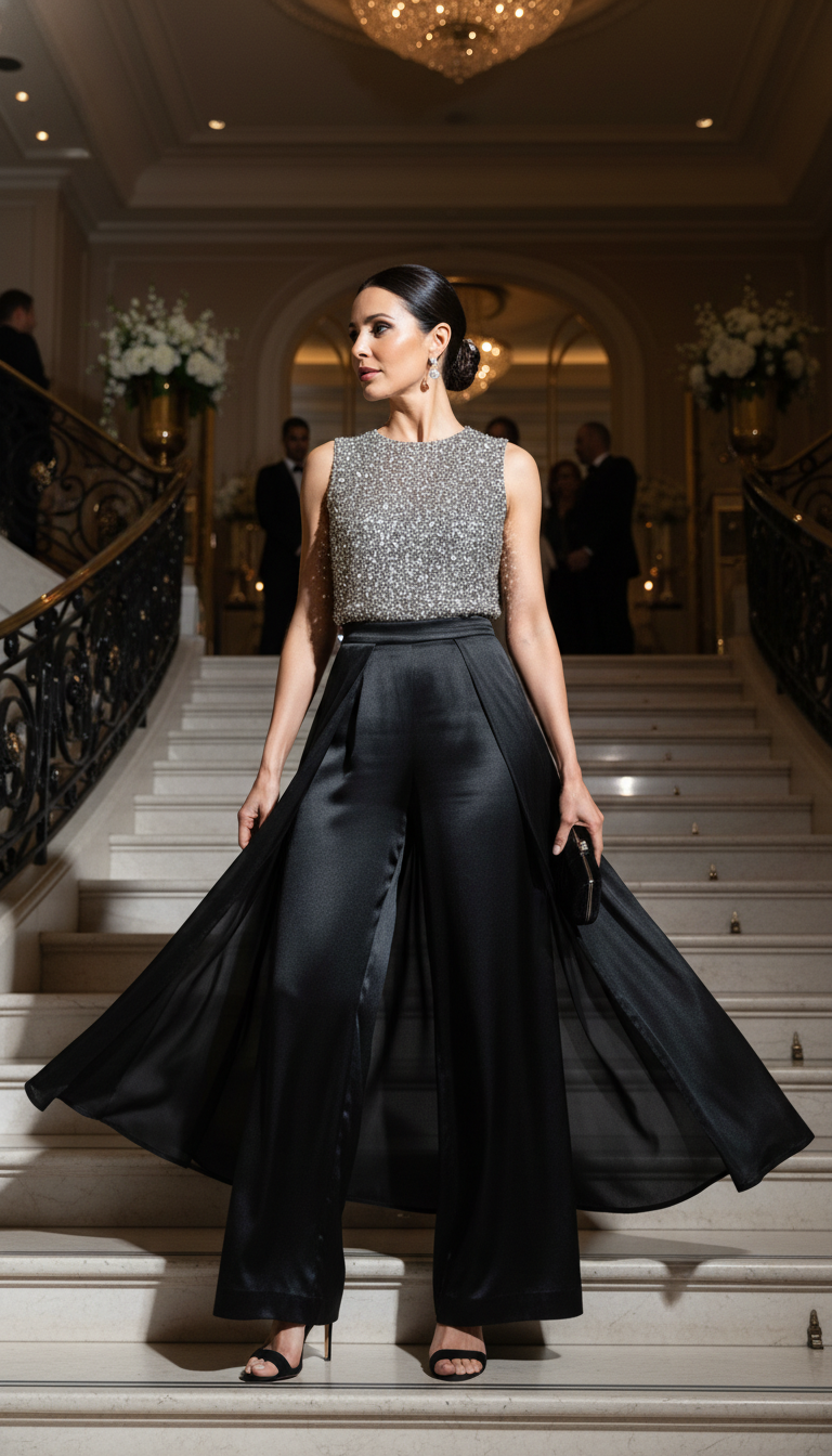 Luxe Silk Palazzo Pants with Embellished Top
