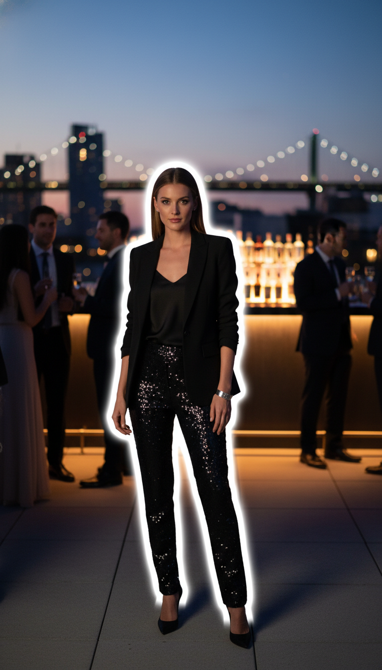 Sequin Trousers and Chic Blazer