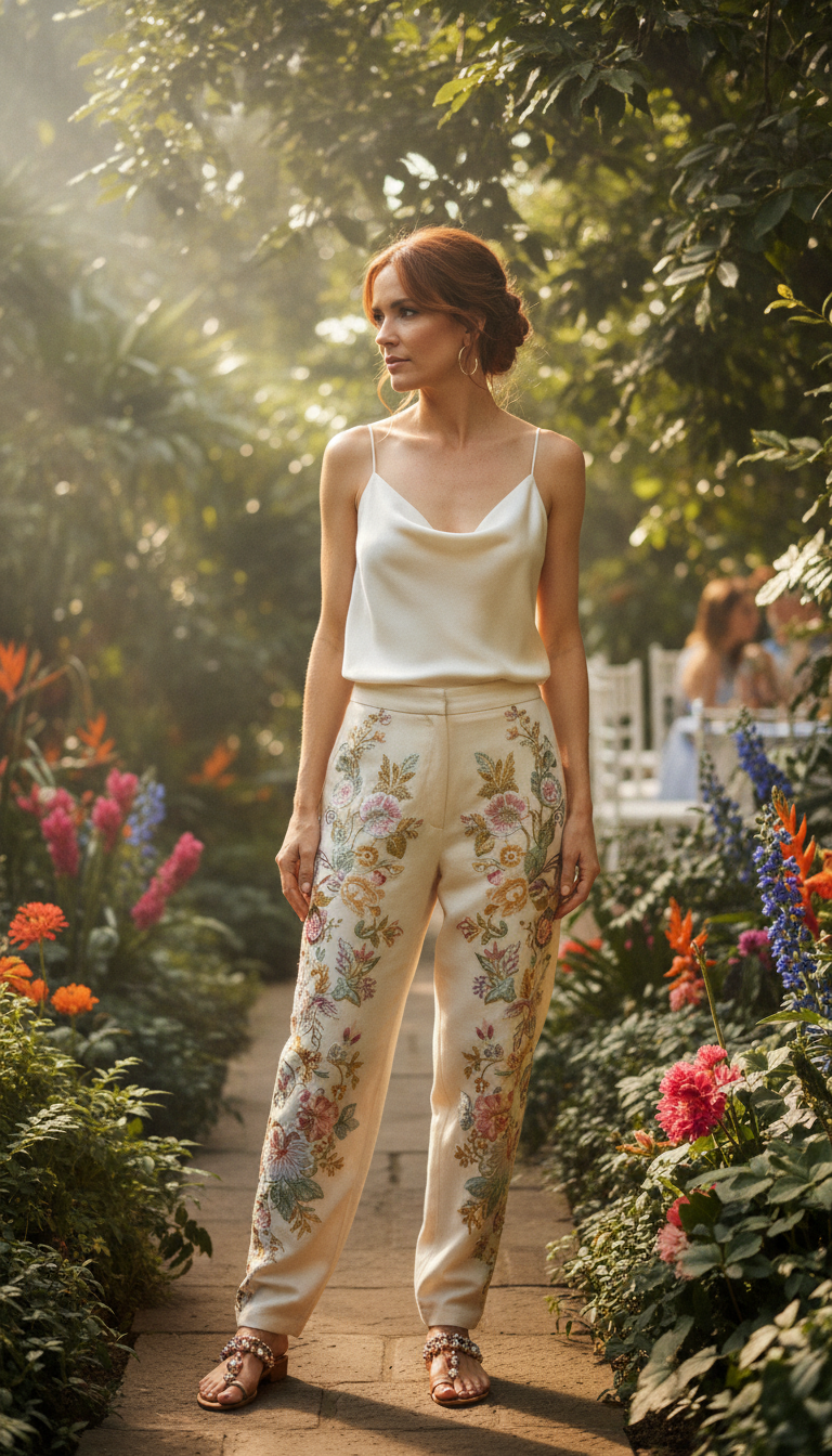 Embroidered Trousers with Simple Blouse