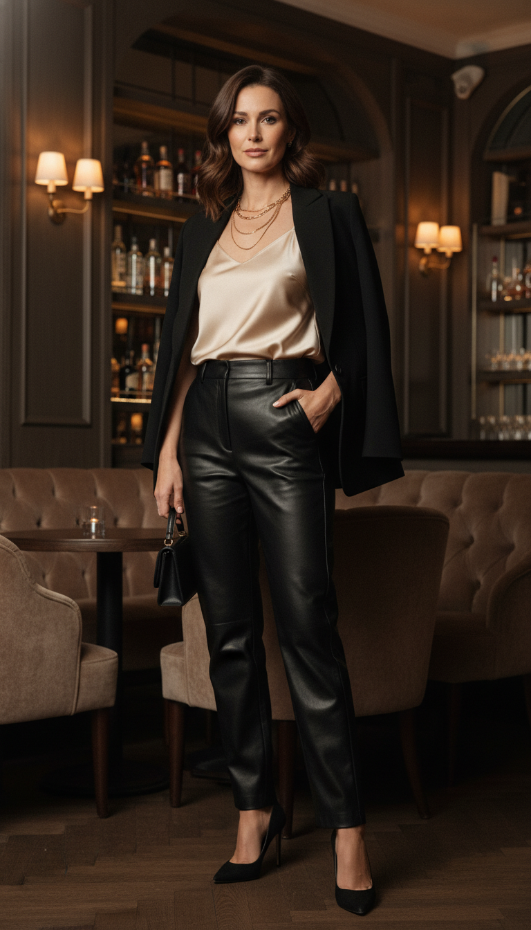 Leather Trousers & Silk Camisole
