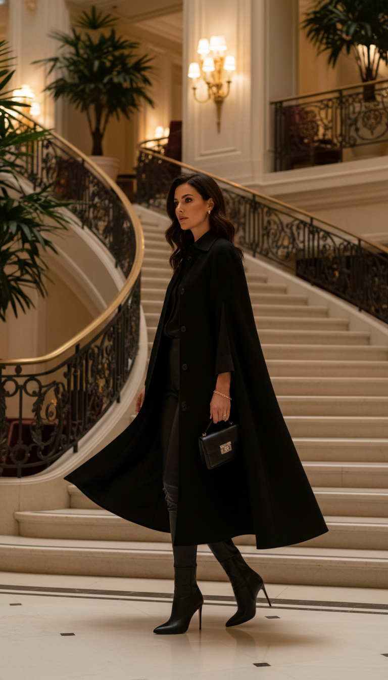 Elegant Cape & Leather Pants