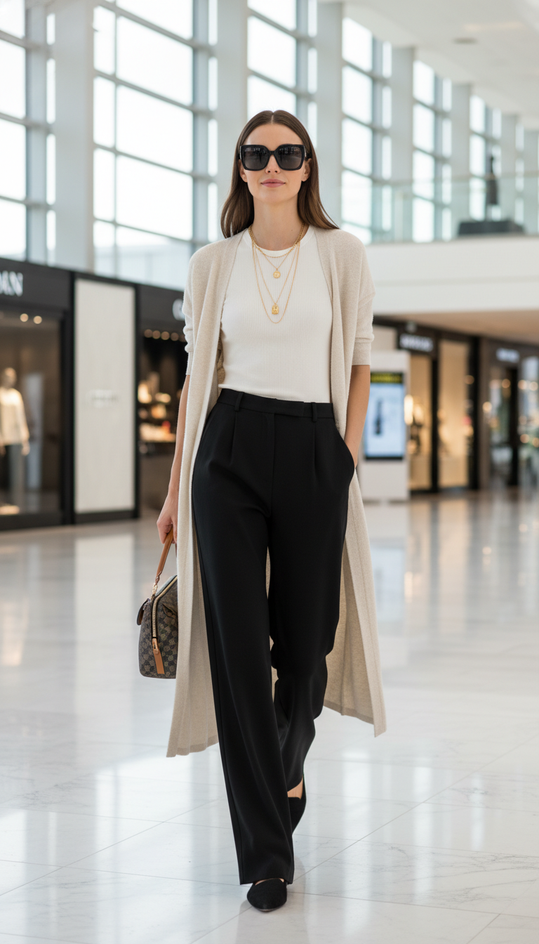Wide-Leg Pants, Crop Top & Cardigan