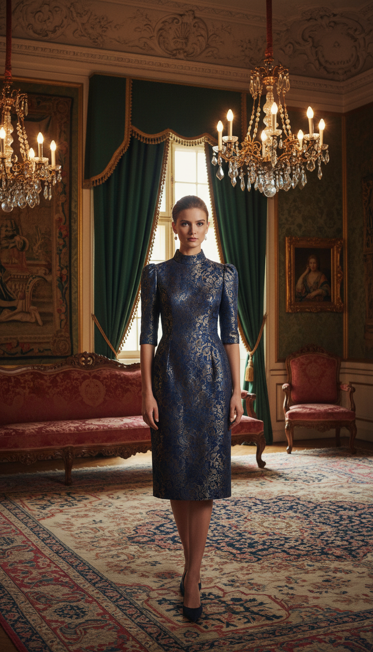 Brocade Dress with Puff Sleeves