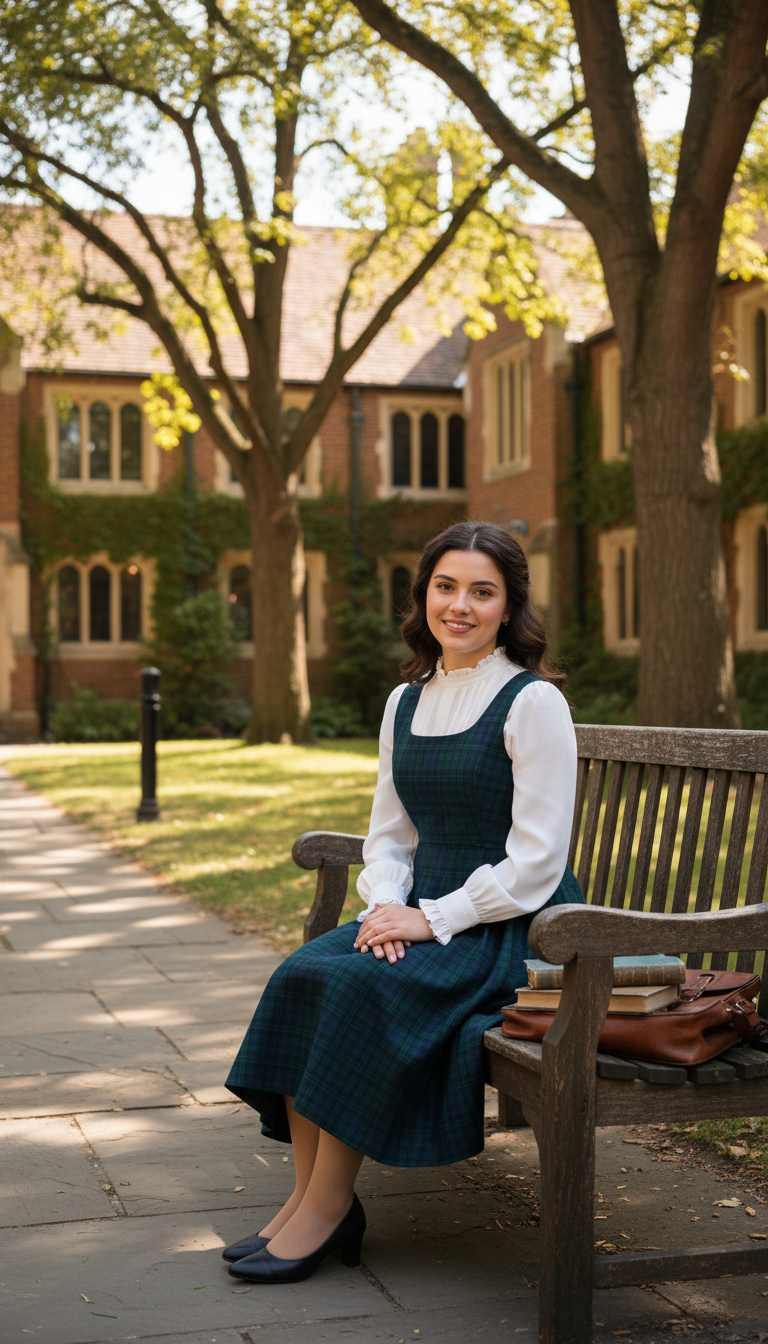 Plaid Pinafore Dress over a Blouse