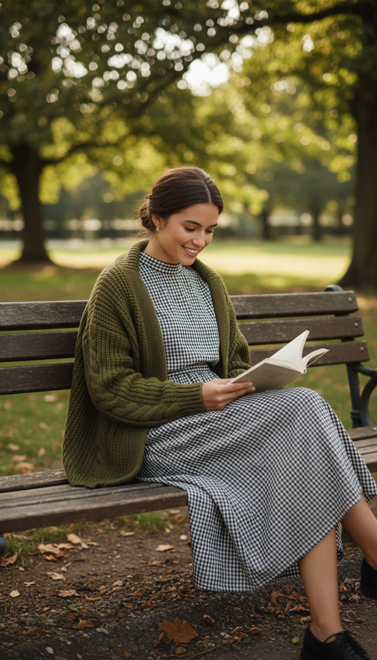 Gingham Dress with a Cardigan