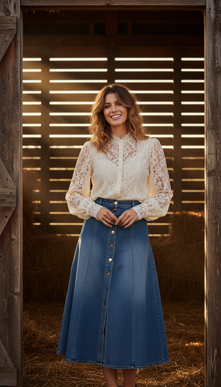 Lace-Trim Blouse & Denim Skirt