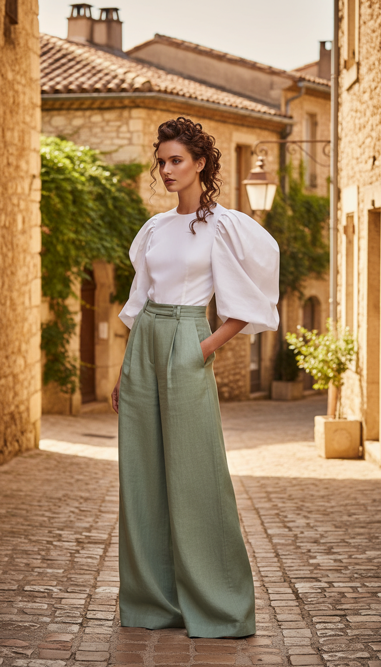 Puff-Sleeve Top & Linen Trousers