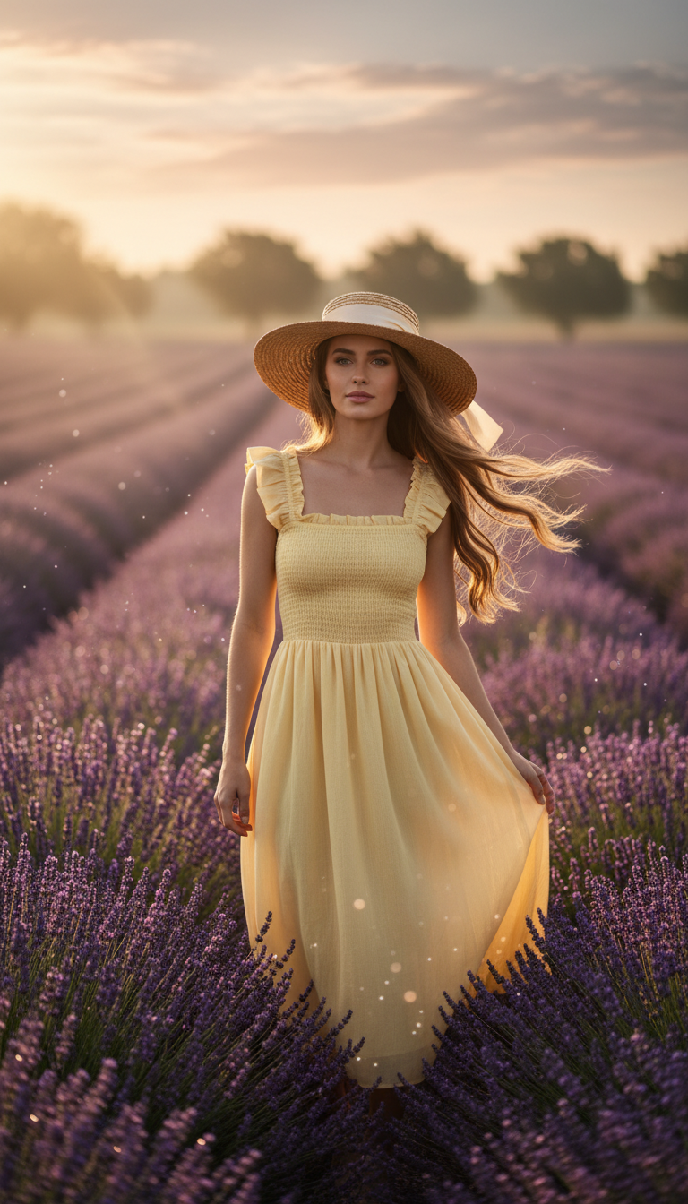 Smocked Bodice Dress with a Straw Hat