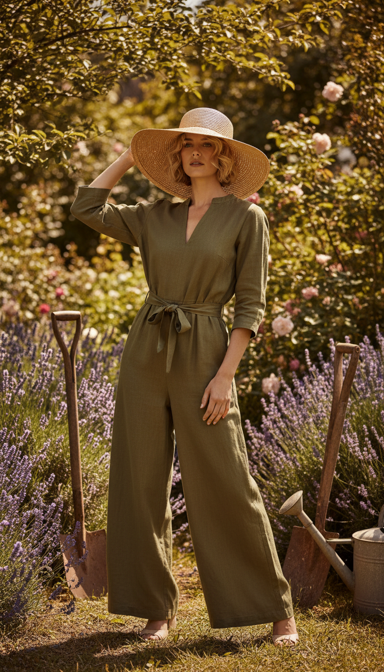 Linen Jumpsuit with Straw Hat