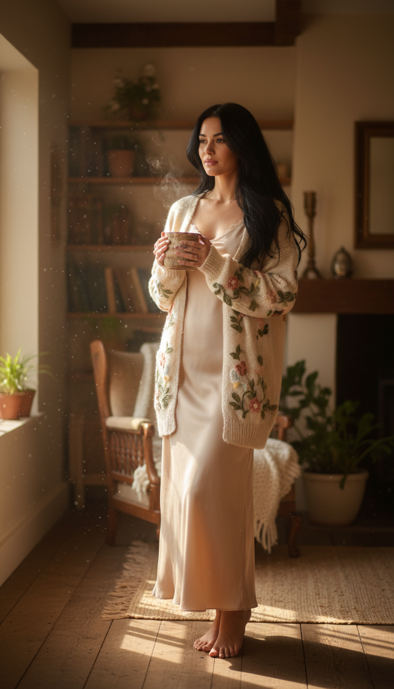 Embroidered Cardigan over a Slip Dress