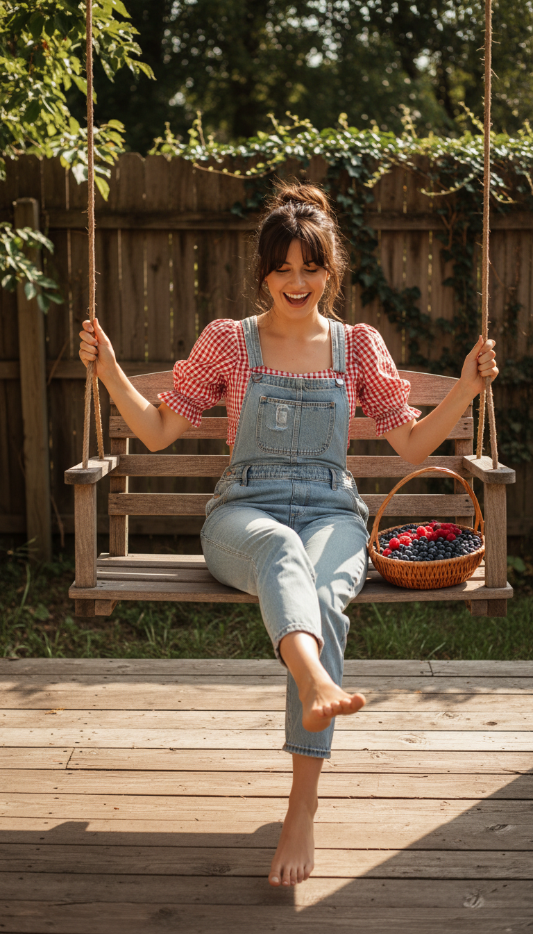 Denim Overalls with a Gingham Top