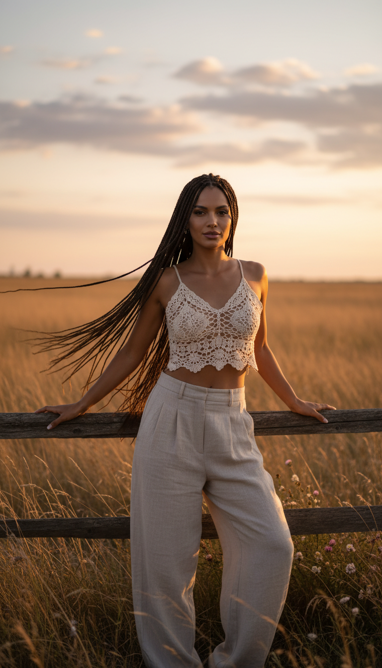 Crochet Top with High-Waisted Trousers