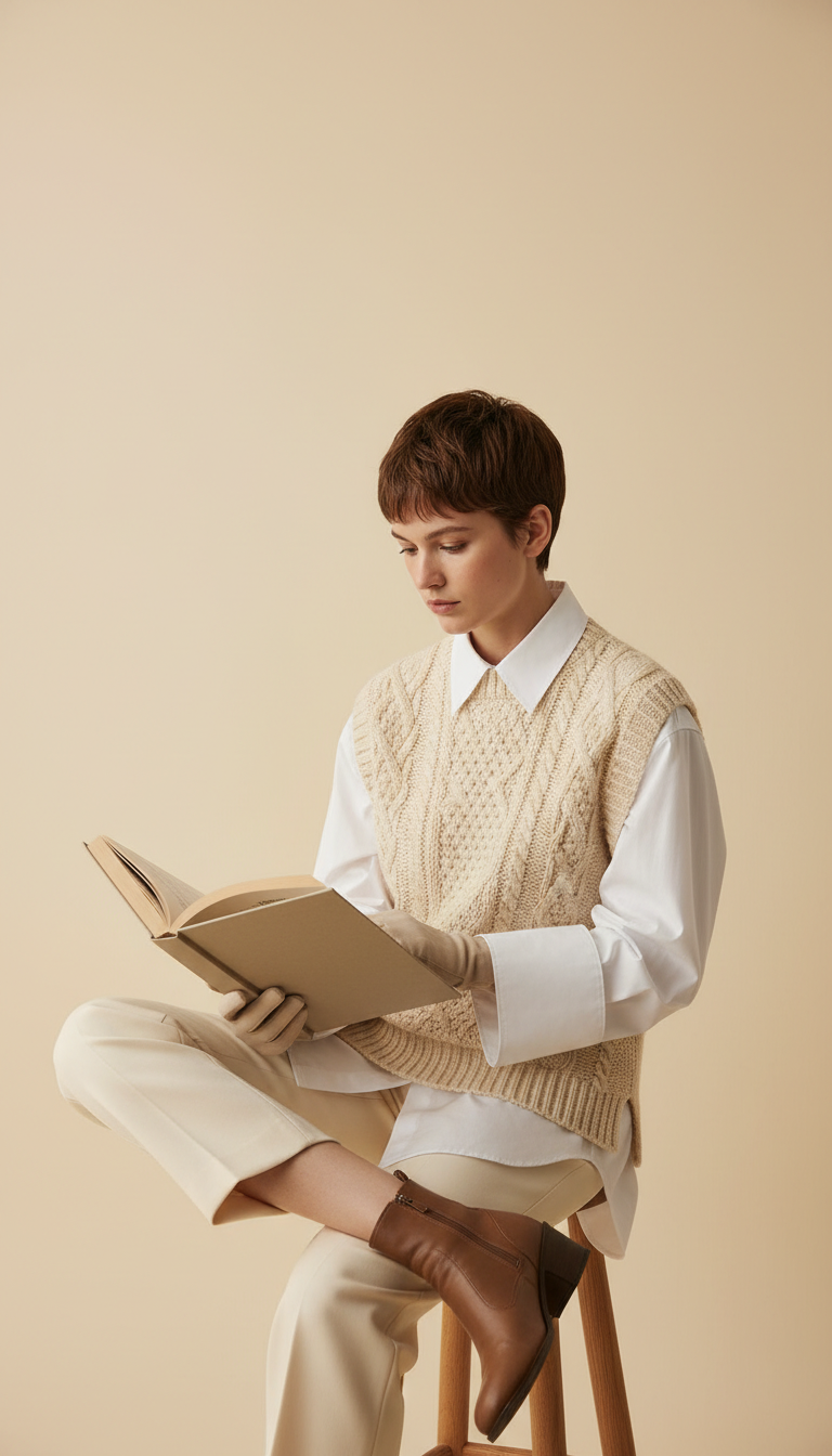 Knitted Vest over a White Button-Down Shirt